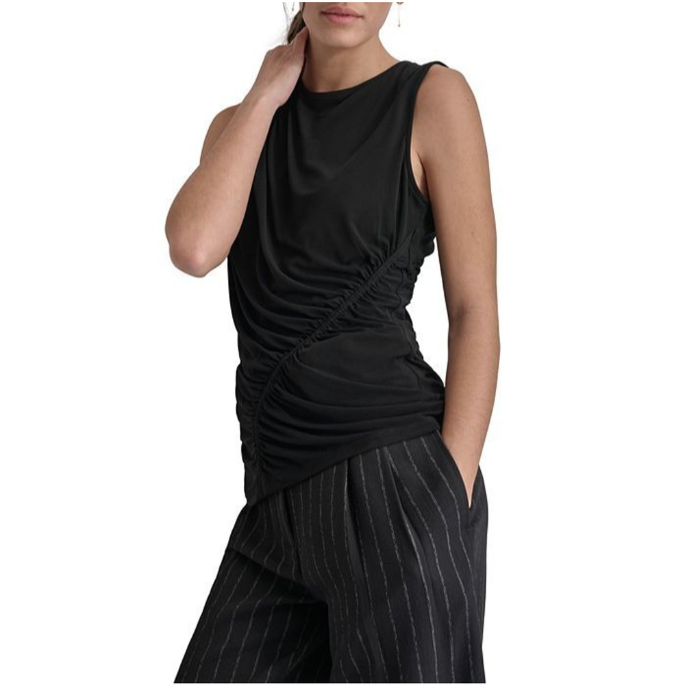 DKNY Women's Crewneck Sleeveless Side-Ruched Knit Top Black Size S 1871